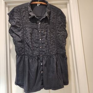Cato Navy Blue Eyelet Blouse Size 22 Plus Collared Babydoll Cottagecore Chic